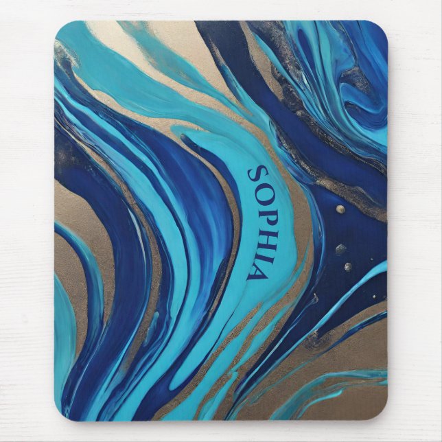 Mousepad Arte de fluxo de Abstrato moderno - Azul e Dourado (Frente)