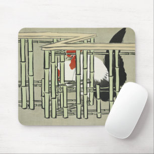 Mousepad Arte de Galo Japonês Antigo Atrás de Cerca de Bamb