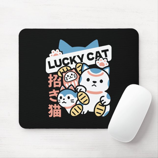Mousepad Arte de Gato Sortudo – Maneki Neko com Moeda de Ou (Com mouse)
