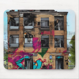 Mousepad Arte de IA Abstrata de Edifício Abandonado
