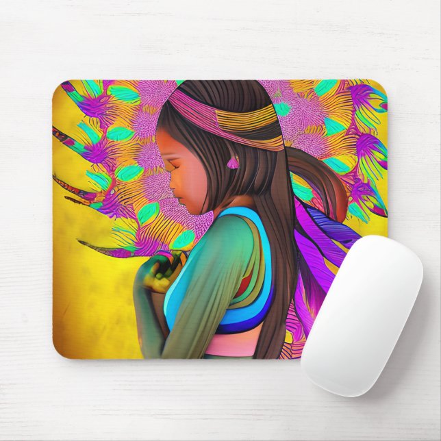 Mousepad Arte de IA de Menina Indígena Americana (Com mouse)