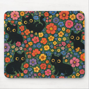 Mousepad Arte de Jardim Kawaii – Padrão Floral de Gato Pret