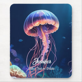 Mousepad arte de medusa, nome em letra cursiva branca e tex