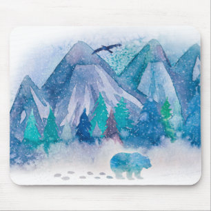 Mousepad Arte de paisagem montanhosa de inverno em aquarela