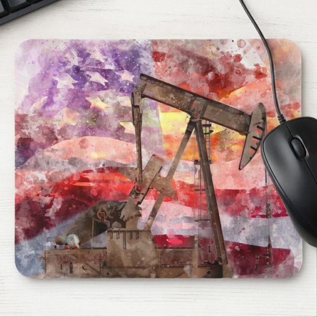 Mousepad Arte de pôr do sol em aquarela de Pumpjack Patriót (Patriotic Pumpjack Watercolor Sunset Art. Mouse Pad)
