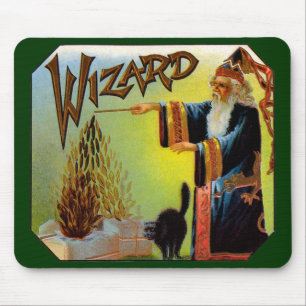 Mousepad Arte de rótulo de charuto vintage, Mago com gato p