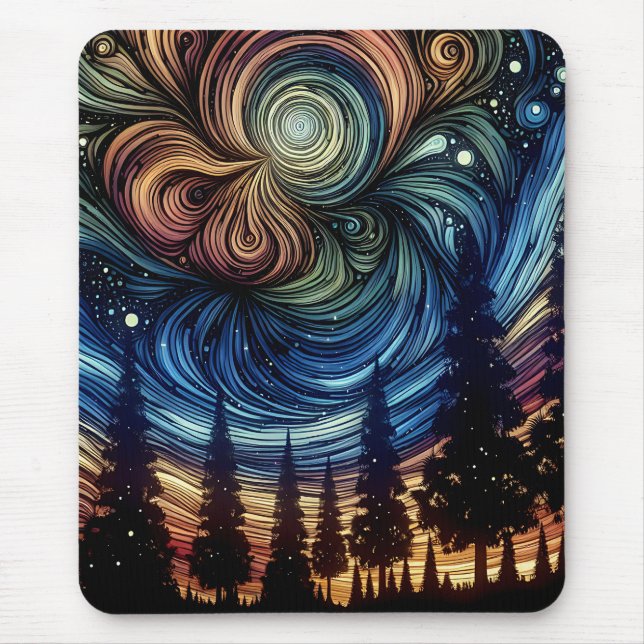 Mousepad Arte Eetérea Mística com Árvores e Céu Noturno (Frente)