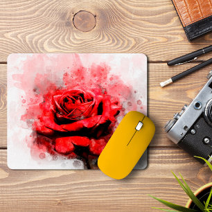 Mousepad Arte em Aquarela de Rosa Vermelha em Fundo Branco