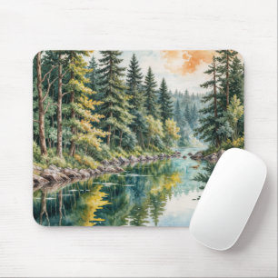 Mousepad Arte em Aquarela de um Rio numa Floresta