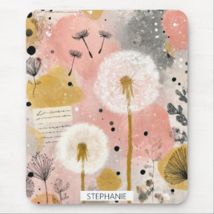 Mousepad Arte Floral Abstrata de Dente-de-Leão em Aquarela