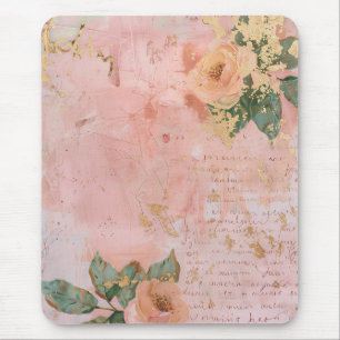 Mousepad Arte Floral Abstrata Rosa e Dourado
