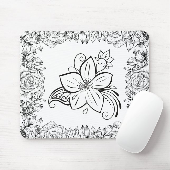 Mousepad Arte Floral, Beleza Monocromática (Com mouse)