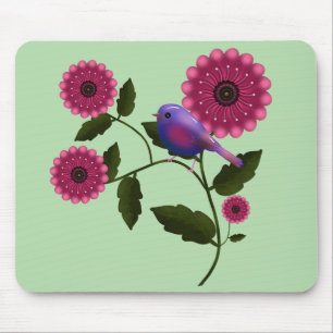 Mousepad Arte Floral Vibrante de Primavera com Pássaro Roxo
