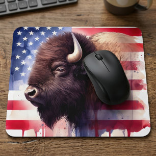 Mousepad Arte Magnífica de Bisonte Americano e Bandeira Pat