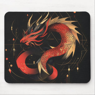 Mousepad Arte Majestosa Vermelha e Dourada do Dragão Chinês
