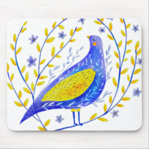 Mousepad Arte Moderna de Pássaro Azul e Amarelo em Aquarela