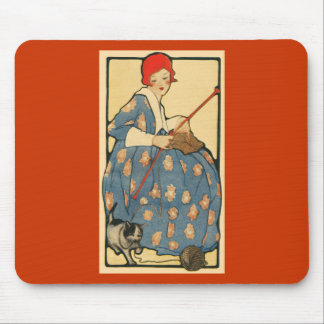 Mousepad Arte Nouveau - menina que faz malha com seu gato