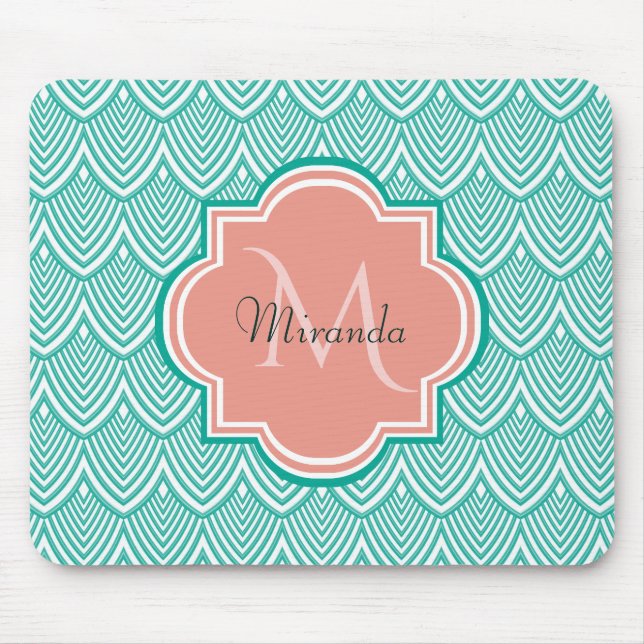 Mousepad Arte Verde Teal Deco Fish Escala Rosa Monograma No (Frente)