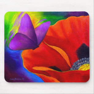 Mousepad Arte vermelha da pintura da borboleta da papoila -