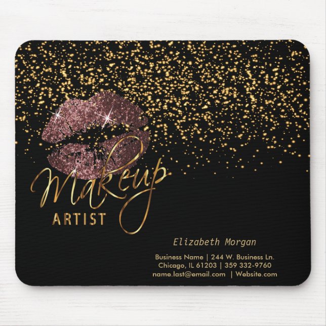Mousepad Artista Makeup com Lábios Confetti Dourados e Rosa (Frente)