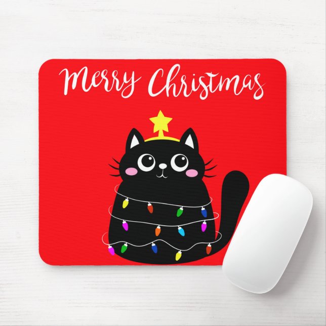 Mousepad Árvore de Natal de gato preto e bonito (Com mouse)