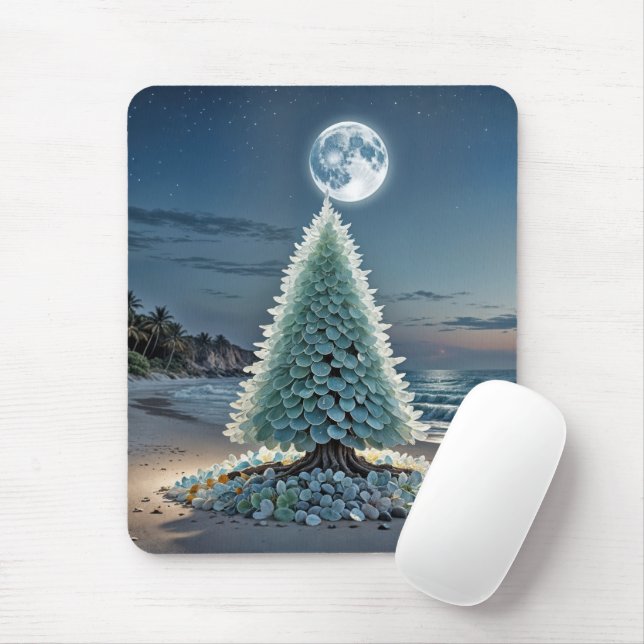 Mousepad Árvore de Natal de Vidro do Mar em uma praia (Com mouse)