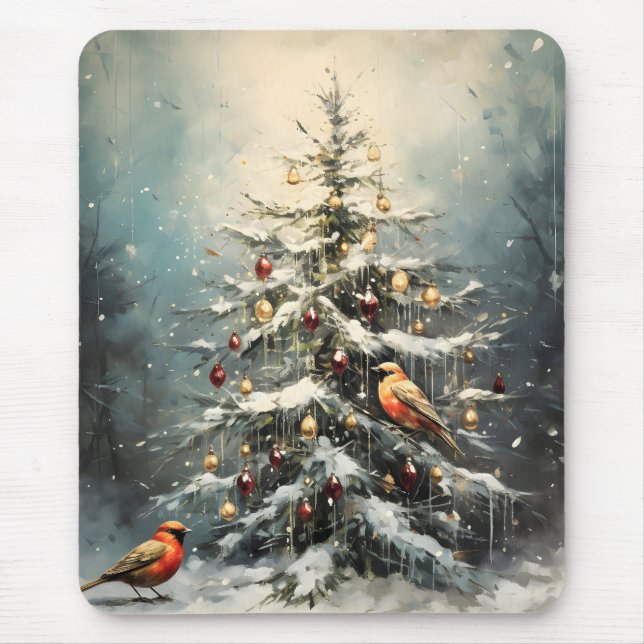 Mousepad Árvore de Natal Rústica de Inverno Pássaros Vermel (Frente)
