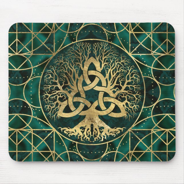 Mousepad Árvore de vida com malaquite e ouro de Triquetra (Frente)