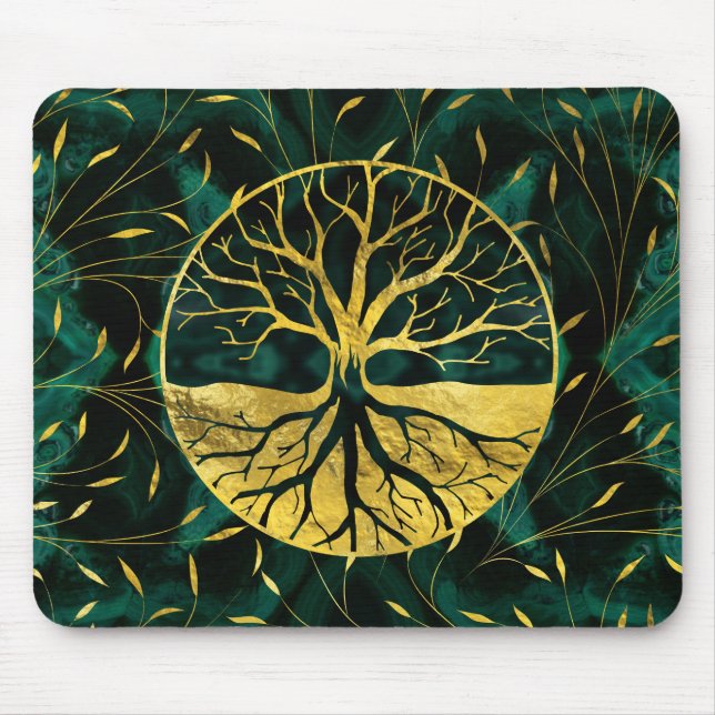 Mousepad Árvore de vida dourada Yggdrasil na malaquite (Frente)