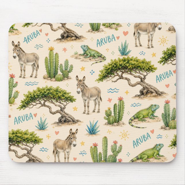 Mousepad Árvore divi de Aruba, burro, iguana, cacto (Frente)
