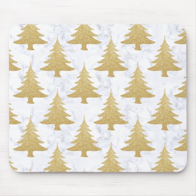 Mousepad Árvore Dourada Elegante de Natal de Mármore Branco (Frente)