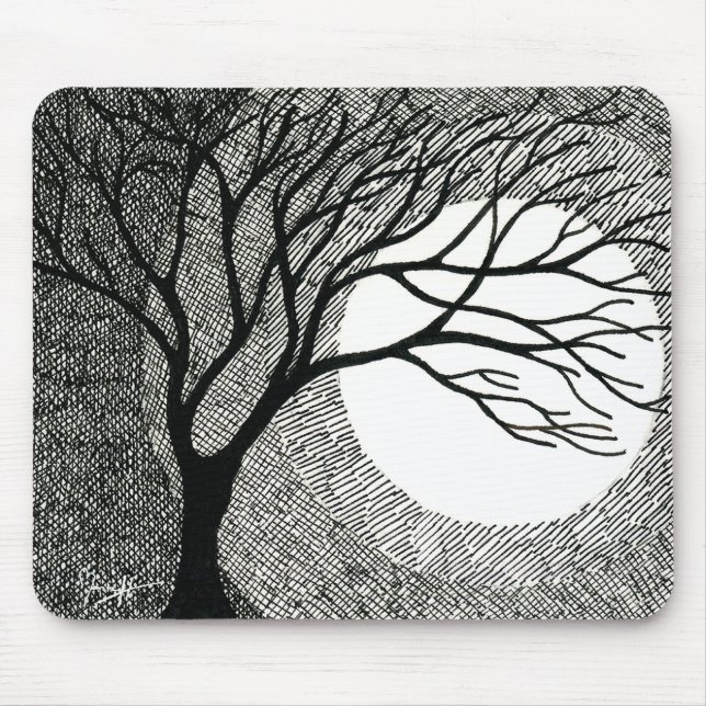 Mousepad Árvore e lua do inverno em preto e branco (Frente)