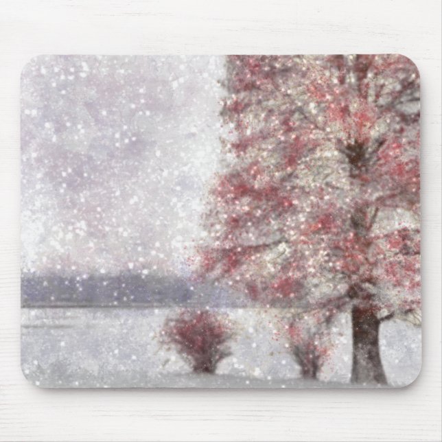 Mousepad Árvore perto do lago Poucas Folhas Vermelhas e Nev (Frente)