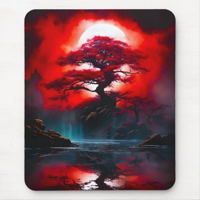 Mousepad Árvore Vermelha Mística Sob Lua Cheia (Frente)