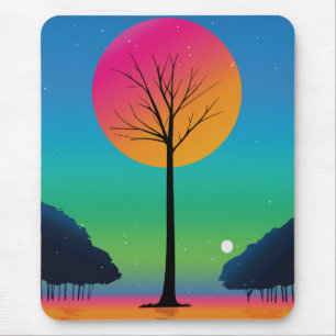 Mousepad Árvore Vibrante Sob um Céu de Arco-íris Cósmico
