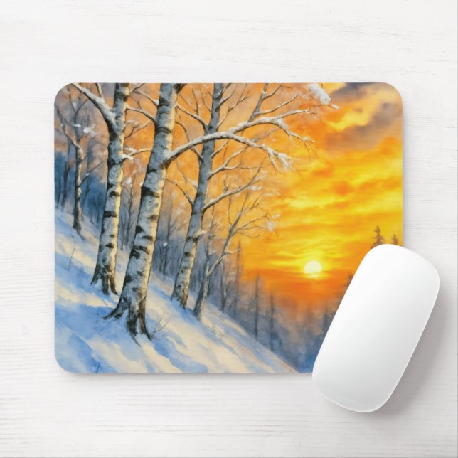 Mousepad Árvores de Bétula no Inverno em Aquarela  (Com mouse)