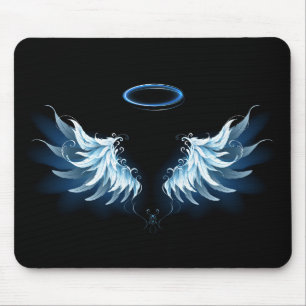 Mousepad Asas Anjos Azuis Brilhantes em fundo preto