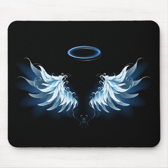 Mousepad Asas Anjos Azuis Brilhantes em fundo preto (Frente)