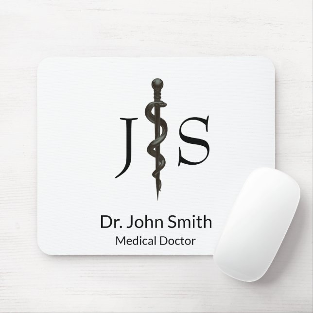 Mousepad Asclépio Médico Simples - Branco Preto (Com mouse)