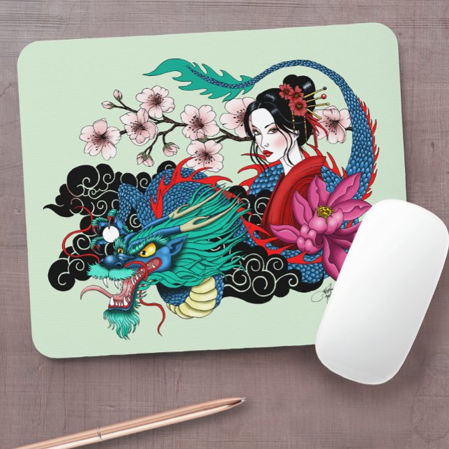 Mousepad Asian Geisha Dragon Cherry Blossoms Blue (Criador carregado)