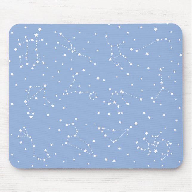 Mousepad Astrologia Azul Pastel Estrelas Constelação Branco (Frente)