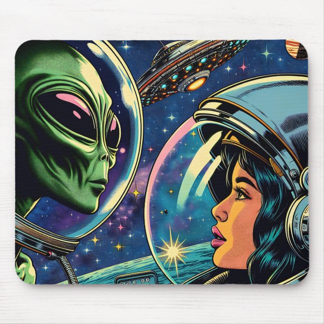 Mousepad Astronauta feminino encontra Alienígena extraterre (Frente)