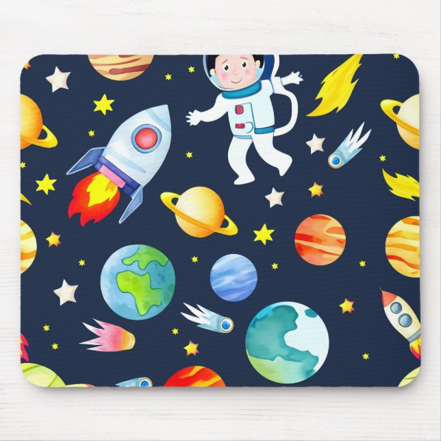 Mousepad Astronauta no Espaço Padrão de Planetas e Foguetes (Frente)