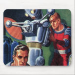 Mousepad Astronautas Vintage Science Fiction consertando um<br><div class="desc">Ilustração vintage: aliens futuristas de ficção científica e imagem de robôs apresentando um homem trabalhando em seu robô metálico. Um astronauta é um piloto que controla os controles do seu foguete. Retro clássico com estilo cômico de 50 s design de ficção científica.</div>