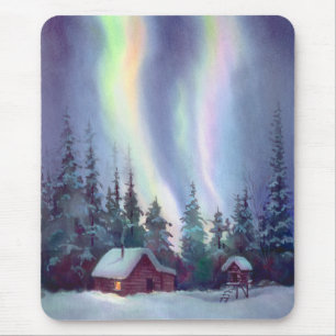Mousepad AURORA BOREAL & CABANA RÚSTICA DE MADEIRA por