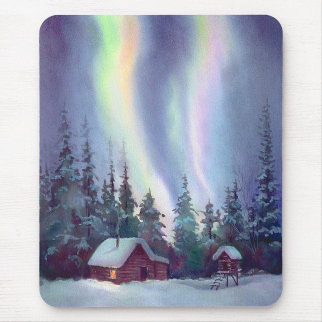 Mousepad AURORA BOREAL & CABANA RÚSTICA DE MADEIRA por (Frente)