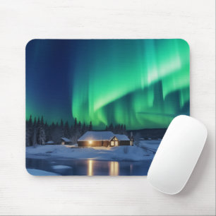 Mousepad Aurora borealis sobre a cabana de inverno