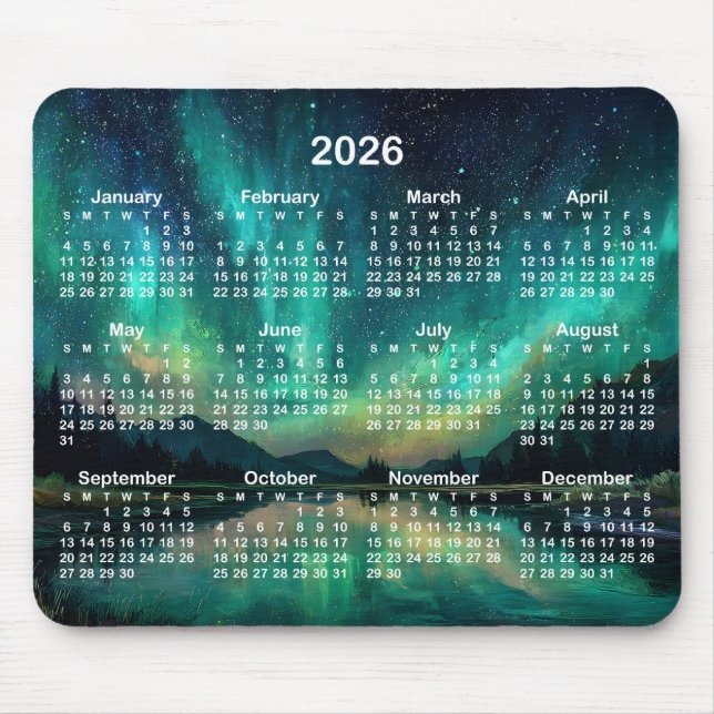 Mousepad Aurora Night Sky Landscape 2026 Calendar (Frente)