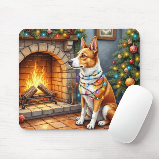 Mousepad Australian Kelpie lareira com luzes de Natal (Com mouse)
