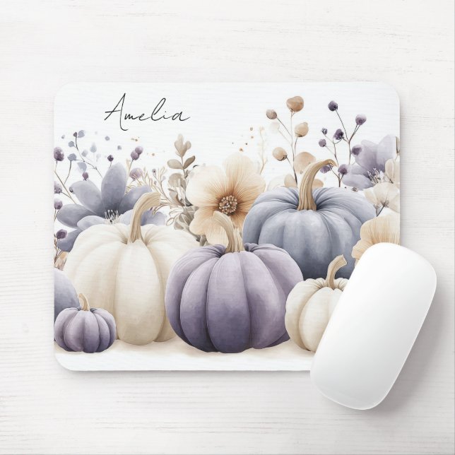 Mousepad Autumn Blue and Beige Pumpkins and Flowers  (Com mouse)